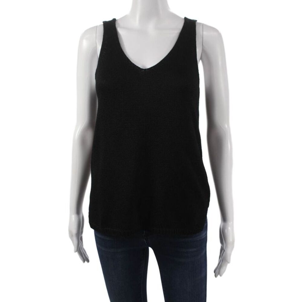 Designer Women Basic Sleeveless V-Neck Tank Black 55% Cotton Pullover Size 2XL
